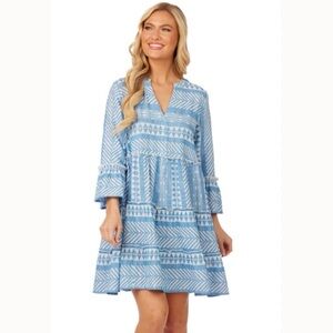Mud Pie Light Blue Renee Yarn Dye 3/4 Flared Sleeve V-Neck Cotton Mini Dress
